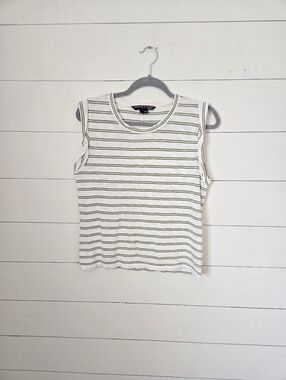 Veronica Beard Sleeveless  White with Olive Green Stripes Top Size Med